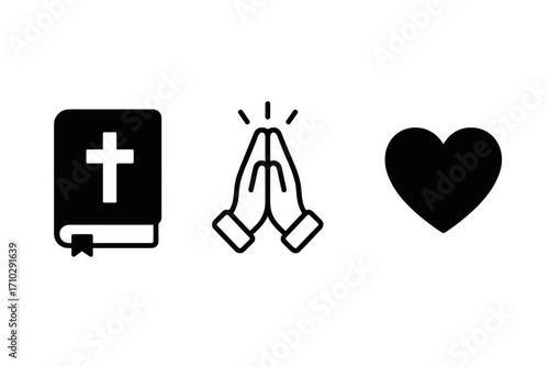 Christian faith icon set with Holy Bible, prayer hands, and love heart symbol. Minimalist vector illustration of religious concepts like worship, spirituality, and God's love.