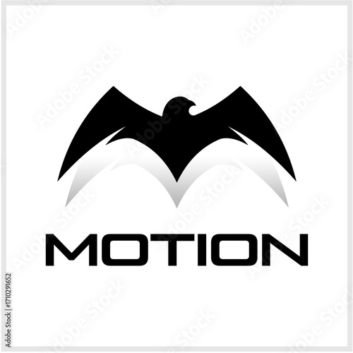 Abstract black bird of prey emblem with spread wings and a reflection. A modern and powerful vector logo symbol isolated on a white background
