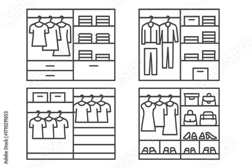 Minimalist wardrobe line icon set. Closet organization, home storage solutions. Vector illustration of tidy clothes in a capsule wardrobe system for decluttering and order.
