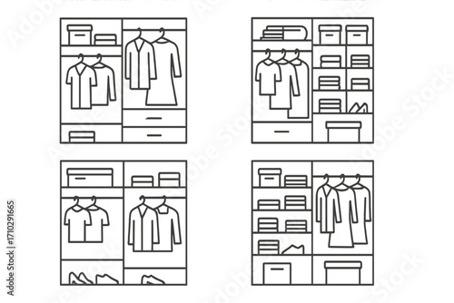 Minimalist linear wardrobe vector icon set. Closet organization and storage solutions for home. Tidy clothes system concept. Decluttering and capsule wardrobe idea.