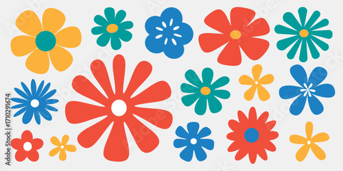 Colorful  hand drawn style daisy chamomile flower collection. Trendy  floral petals design.