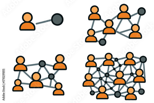 Network growth diagram showing social interaction and community expansion over time. Set of vector icons illustrating connections, communication, and relationship building.