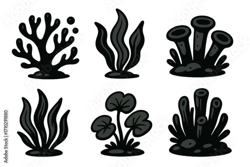 Set of black coral and seaweed vector icons. Underwater marine plants and algae illustrations. Stylized aquatic nature life forms. Ocean reef cartoon silhouette collection.
