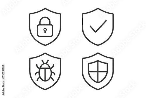 Security shield icon set vector line art. Protection, safety, and cybersecurity concepts. Includes padlock, checkmark, virus bug, and defense symbols. Minimalist outline.