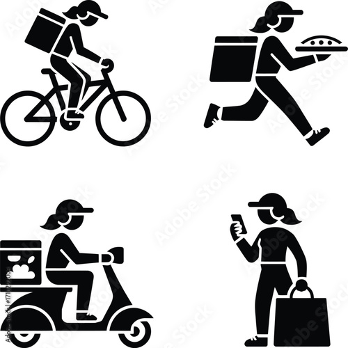 Delivery Girl Motion Icon Set – Scooter, Bicycle, Running & App Courier Silhouettes