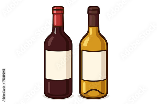 Red and white wine bottle with blank label for presentation. Vector illustration set for beverage branding and packaging mockup. Alcohol drink container design template.