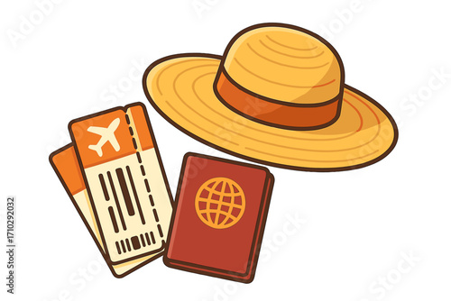 Travel essentials vector icon with passport, flight tickets, and sun hat. Vacation, holiday planning concept. Summer journey, tourism, and adventure symbol. Cartoon illustration.