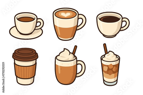 Coffee cup variety set vector icon collection. Espresso, latte, cappuccino, frappe, americano, iced coffee drinks. Cafe menu design elements. Hot beverage cartoon illustration.