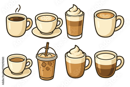 Coffee cup collection vector icon set. Variety of coffee drinks: espresso, latte, cappuccino, americano. Hot and cold beverages for cafe menu design. Flat cartoon illustration.