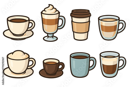 Coffee cup variety set. Vector cartoon icons of hot drinks. Espresso, latte, cappuccino, americano, mocha for cafe menu. Flat design beverage illustration collection.