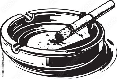 Lit Cigarette in Ash Tray, Smoke and Smoking Tobacco Vector Illustration, Sketch Drawing Line Linear Symbol Icon Engraving Coloring Book, Hand-drawn Doodle Black and White Isolated