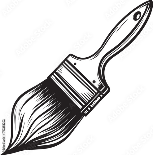 Painting Brush for Painter and Paint Vector Illustration, Sketch Drawing Line Linear Symbol Icon Engraving Coloring Book, Hand-drawn Doodle Black and White Isolated