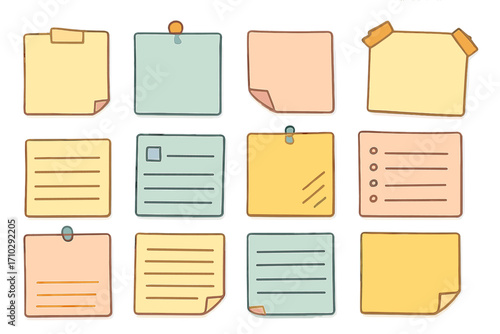 Set of cute sticky notes and memo paper sheets. Colorful post-it collection for reminders, to-do lists, and messages. Vector cartoon doodle for office and school organization.