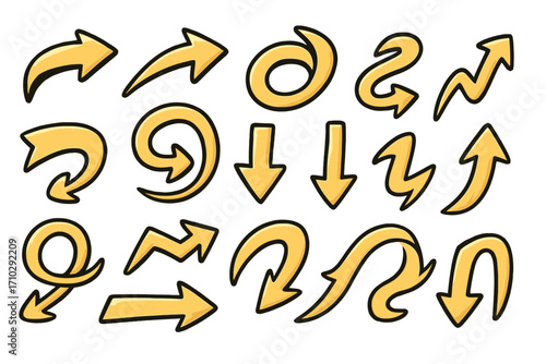 Big set of hand-drawn yellow vector arrows. Doodle cartoon arrow collection. Comic sketch pointers, curves, and icons showing direction, movement, and navigation concepts.