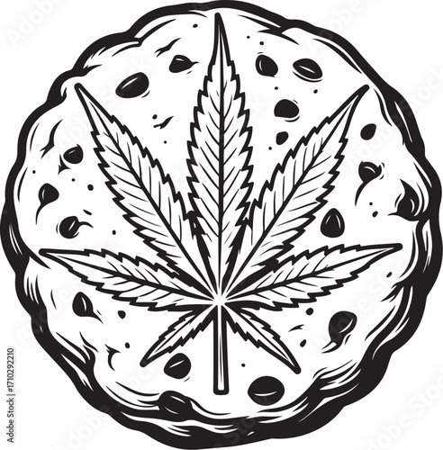 Edible Cookie with Cannabis Marijuana THC or CBD Medical Hemp Vector Illustration, Sketch Drawing Line Linear Symbol Icon Engraving Coloring Book, Hand-drawn Doodle Black and White Isolated
