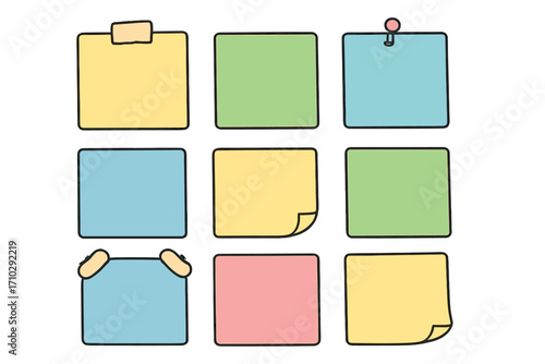 Sticky notes vector set. Colorful blank paper post-it for message and memo. Office sticker notes for reminders and organization with curled corner, tape, and pin. Cartoon.