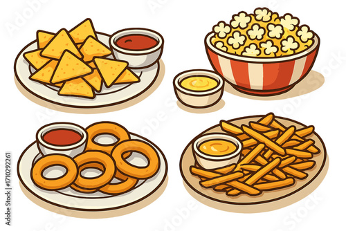 Snack food set vector illustration. Fast food cartoon icons. Nachos, french fries, onion rings, popcorn with dipping sauces. Junk food appetizers collection for party menu.