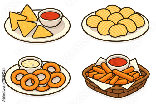 Set of fast food snacks icons. Nachos, potato chips, onion rings, french fries with dipping sauce. Cartoon vector illustration isolated. Appetizer and party food concept.