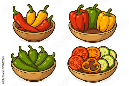 Vegetable set vector cartoon illustration. Peppers and sliced vegetables in bowls. Chili, bell pepper, jalapeño, tomato, cucumber slices. Cooking ingredient for healthy food.