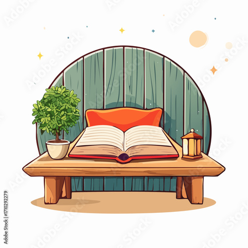 Open Book on Wooden Table with Bonsai and Lantern