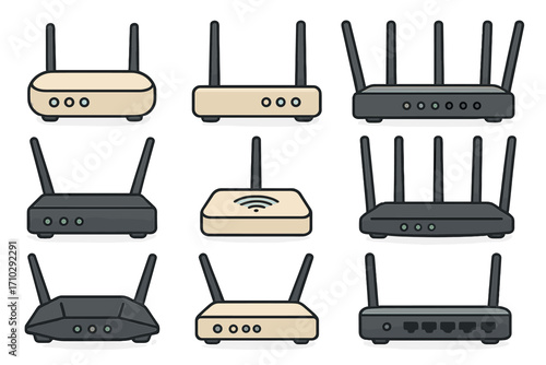 Collection of wireless routers and modems. Wifi network devices set. Internet connection and broadband technology equipment. Vector cartoon illustration icons isolated on white.
