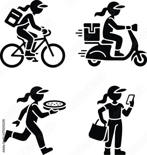 Urban Delivery Girl Worker Icons – Scooter, Bicycle, Running & App Courier Vectors