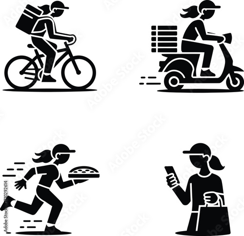Fast Food Delivery Girl Icon Grid – Scooter, Bicycle, Running & App Courier Silhouettes