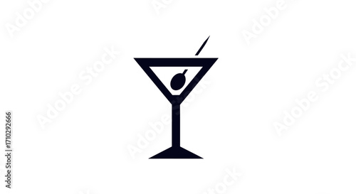Minimalist dark silhouette of a martini glass with olive and cocktail pick.