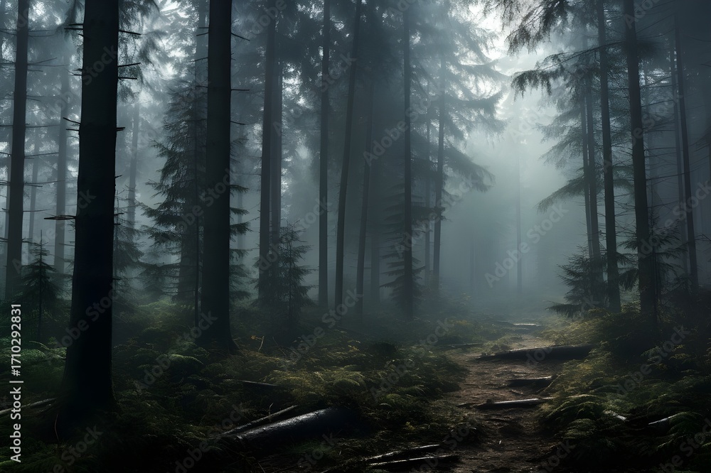 Obraz premium Tranquil fog-covered forest with trees shrouded in mist and mystique, atmospheric woodland landscape captured in 8k ultra high resolution nature photography