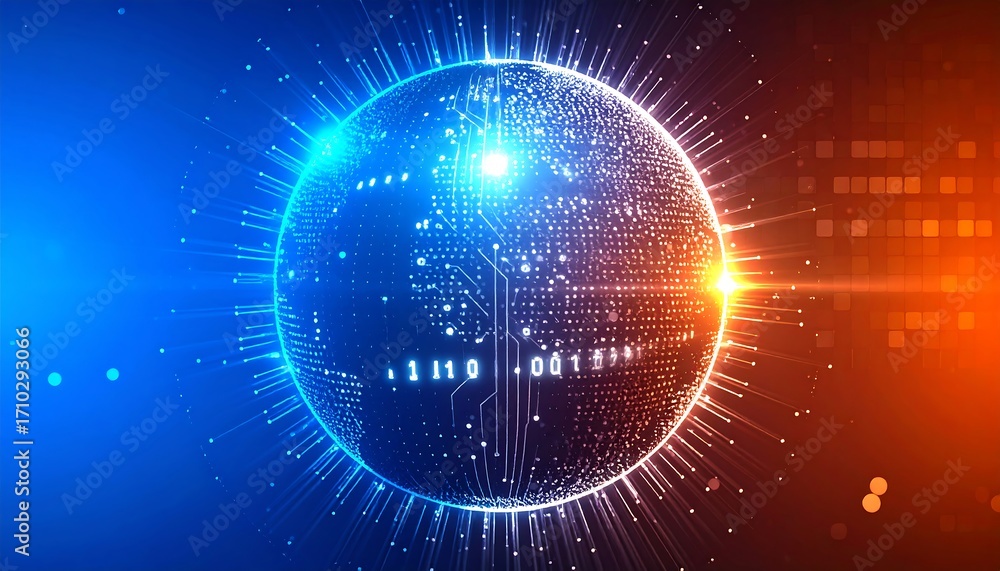 Obraz premium Digital Sphere Glowing With Circuits and Binary Code.