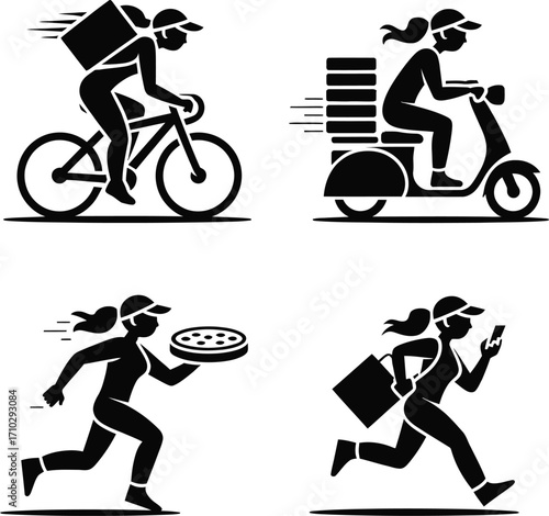 Dynamic Delivery Girl Icon Set – Scooter, Bicycle, Running & App Courier Silhouettes