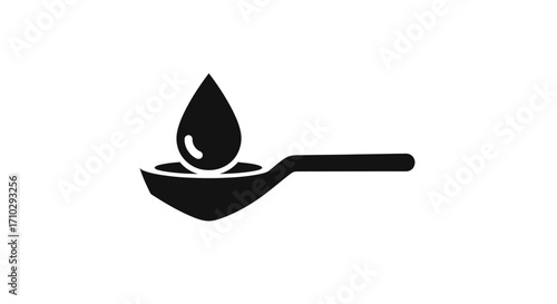 Black icon of a liquid drop on a spoon.