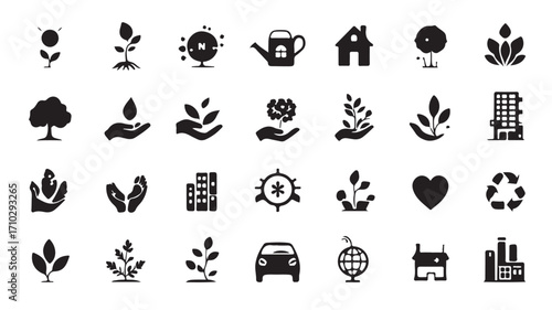 Collection of black and white environmental and ecological icons in a grid arrangement