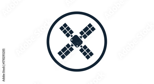 Minimalist satellite vector graphic inside a circular frame.