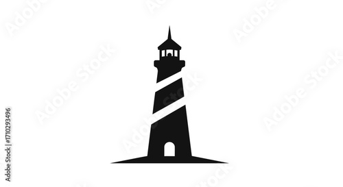 Classic lighthouse silhouette stands tall against a white background, guiding ships safely.