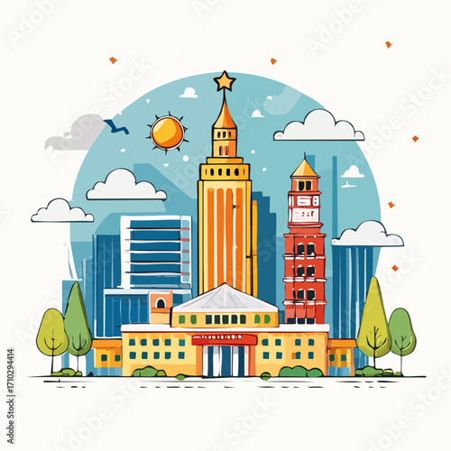 Cityscape Illustration Featuring Tall Buildings Under Sunny Sky