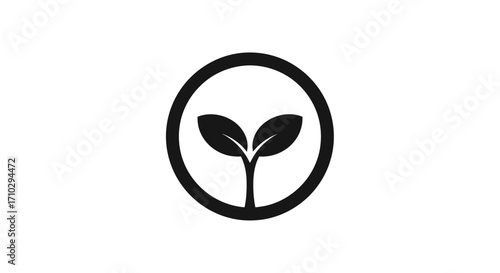 Minimalist plant sprout with two leaves inside a circle icon.