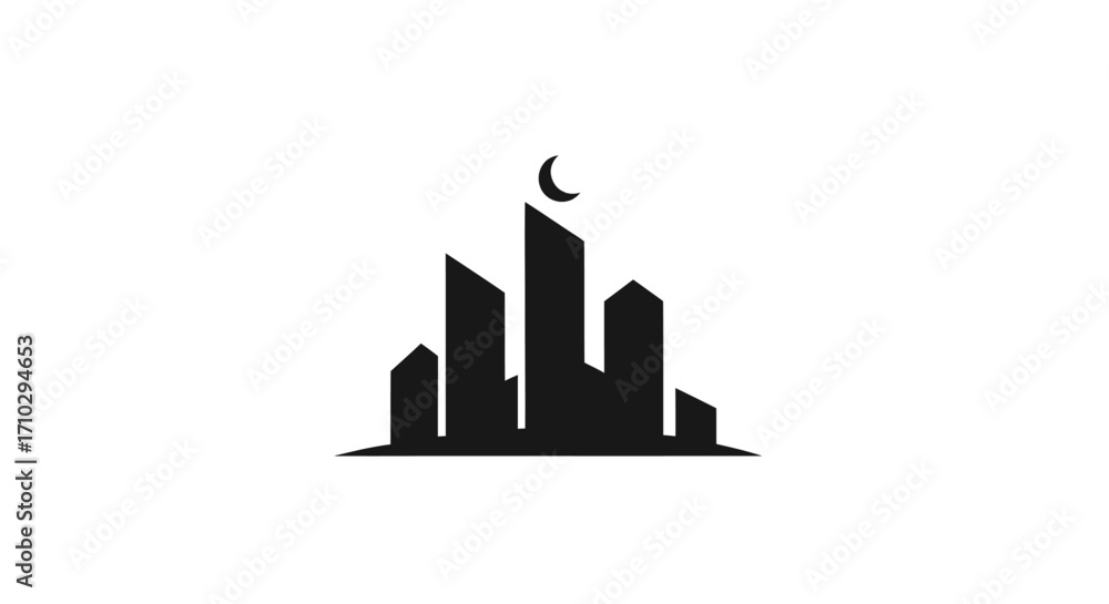 Obraz premium Silhouette of a city skyline with a crescent moon on top of the tallest building.