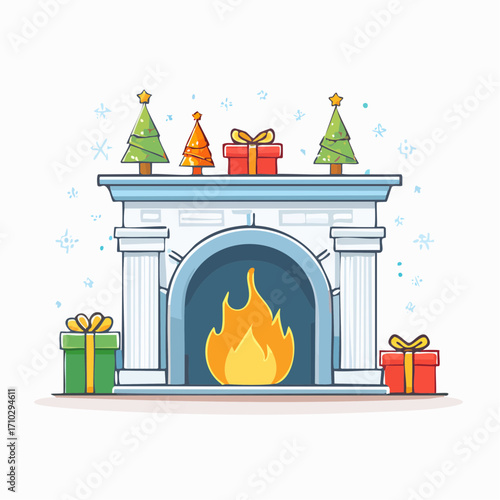 Christmas Fireplace with Presents and Trees