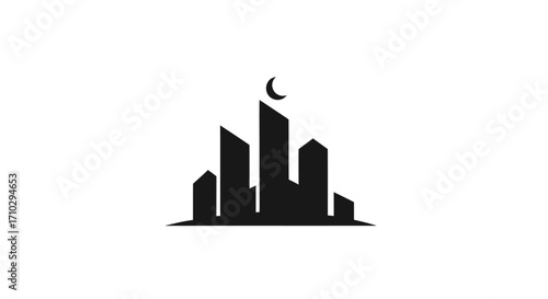 Silhouette of a city skyline with a crescent moon on top of the tallest building.