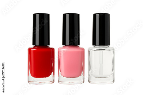 Bright and stylish nail polish bottles in vibrant shades lined up on a white background
