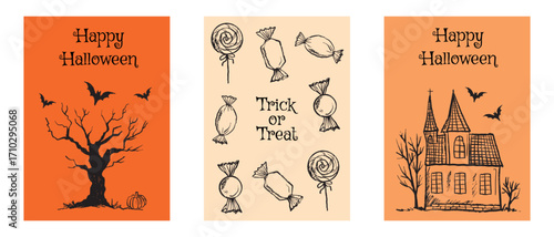 Halloween invitation cards with silhouette tree, trick or treat candies, haunted house in black brush stroke texture on white. Hand drawn vector sketch illustration in vintage charcoal ink