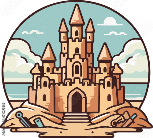Detailed Sandcastle Vector with Beach Toys in Circular Frame – Cartoon Summer Vacation Illustration