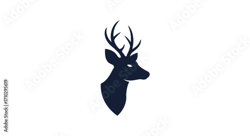 Silhouette of a Majestic Deer Head with Antlers on White Background.