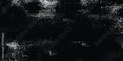 Abstract digital glitch texture with black background and distorted white noise patterns for modern tech design concepts.