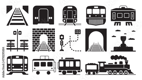 A collection of various train and railway related icons in black and white vector format design