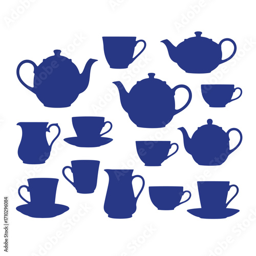 A collection of blue silhouettes of teapots, teacups, and pitchers on a white background.