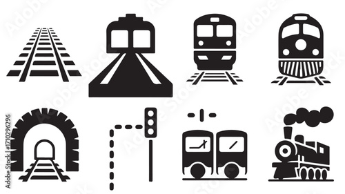A collection of train and railway related icons in black and white vector format illustration