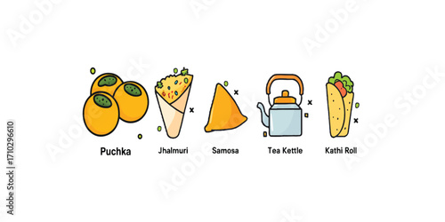 Print  Vector icon set of Indian street food – Puchka, Jhalmuri, Samosa, Tea kettle, and Kathi roll. Colorful flat style, isolated on white background.