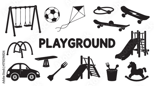A collection of playground equipment and toys in black and white vector illustration style